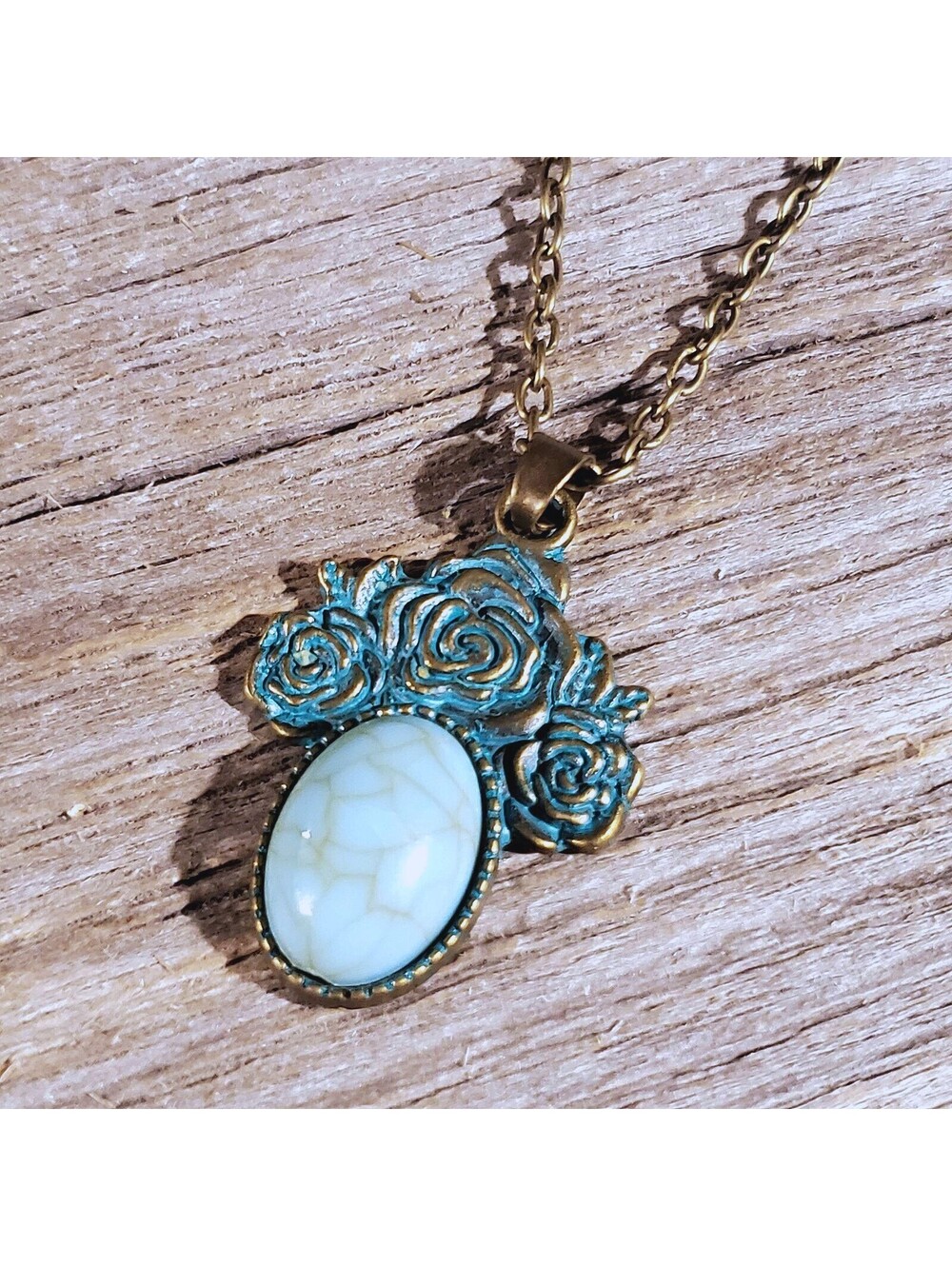 Bronze Rose Flowers Turquoise Blue Stone Chain Necklace